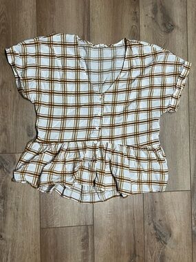 Blu Pepper Brown and White Plaid Peplum Blouse Medium